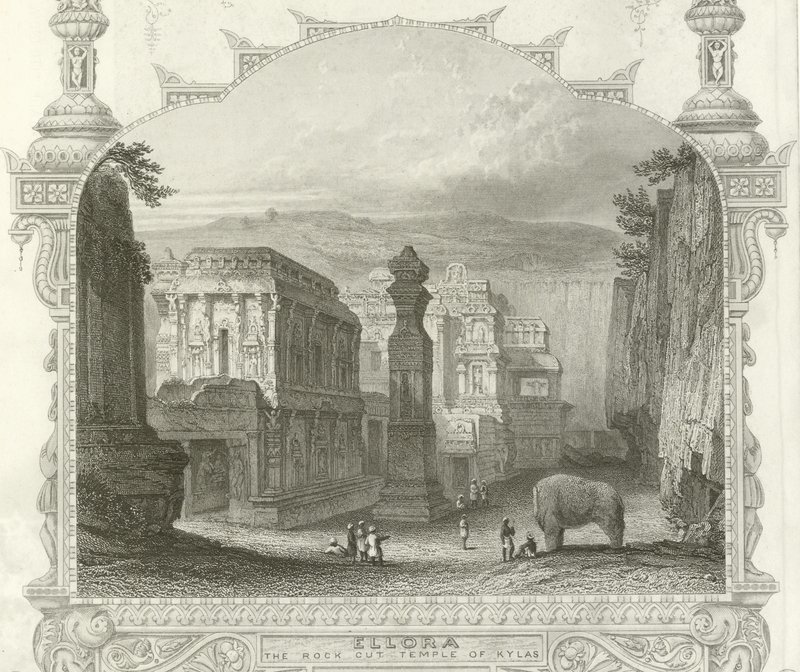 The rock cut Temple of Kailah, Ellora, India by English School