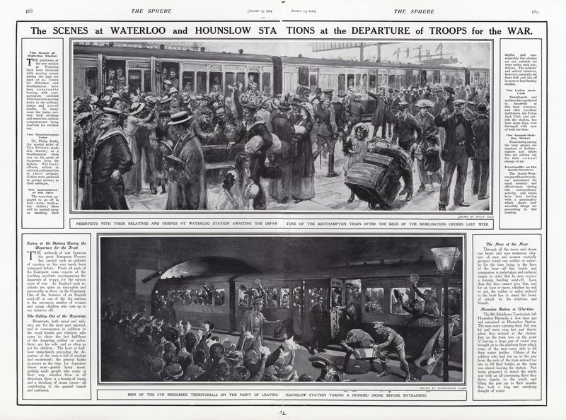 The Scenes at Waterloo and Hounslow Stations at the Departure of Troops for War, World War I, August 1914 by English School