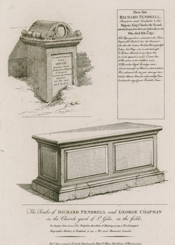 The tombs of Richard Pendrell and George Chapman in the churchyard of St Giles in the Fields, London by English School
