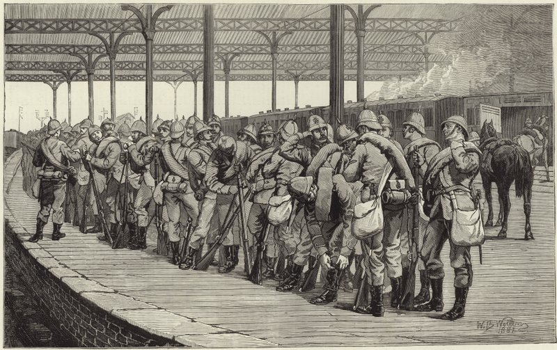 The Volunteer Review: Departure of the Artists Corps from Victoria Railway Station by English School