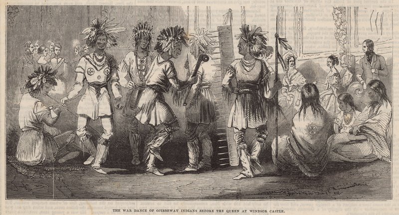 The war dance of the Ojibbeway Indians before the Queen at Windsor Castle by English School