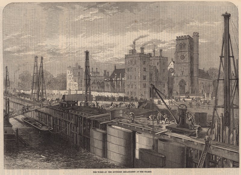 The works at the southern Embankment of the Thames by English School