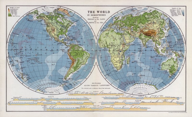 The World in Hemispheres Showing Height of the Land and Depth of the Sea by English School