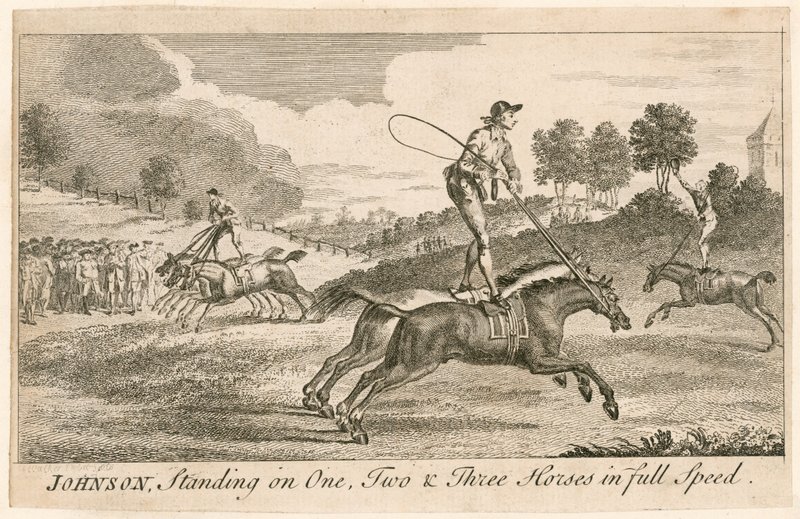 Thomas Johnson Standing on One, Two and Three Horses in Full Speed by English School