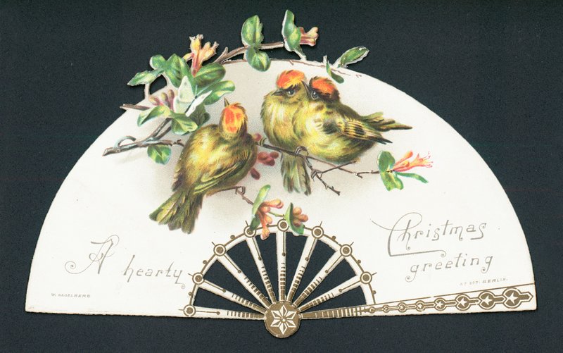 Three little birds sitting on fan by English School