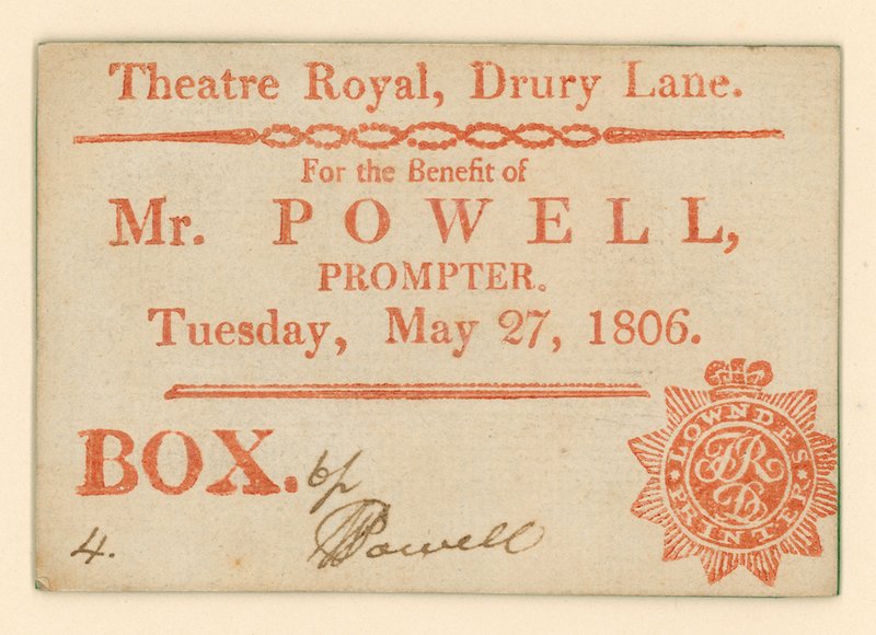 Ticket for Drury Lane Theatre, London: For the Benefit of Mr Powell, prompter, 27 May 1806 by English School