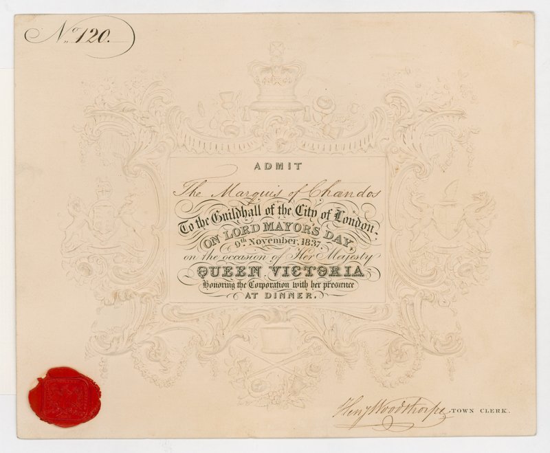 Ticket to Guildhall, City of London, to Admit the Marquis of Chandos on Lord Mayor