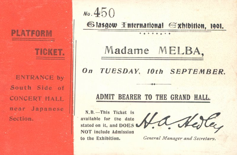 Ticket to hear Nellie Melba at the Glasgow International Exhibition, 1901 by English School