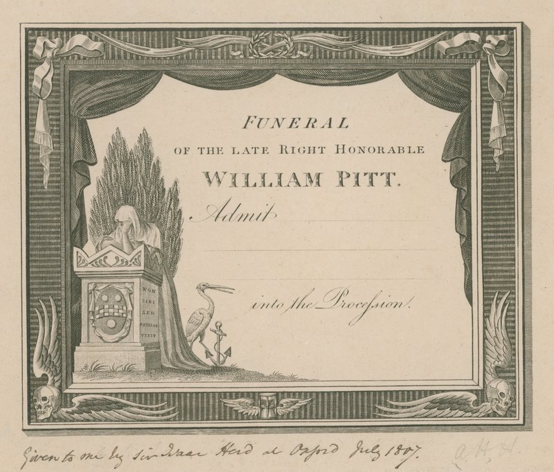 Ticket to the Funeral of the Late William Pitt by English School