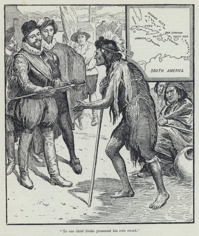 To one chief Drake presented his own sword by English School