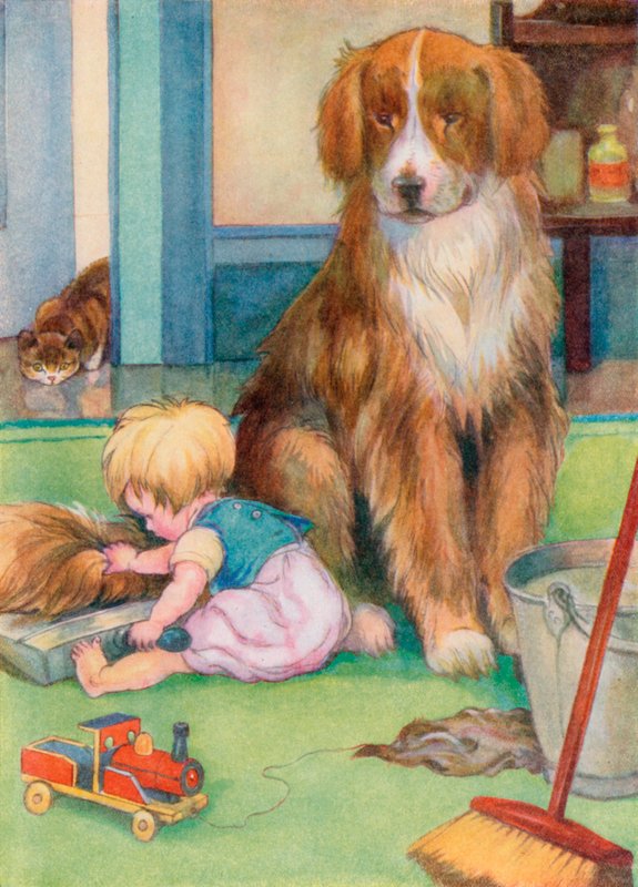 Toddler playing with a dog