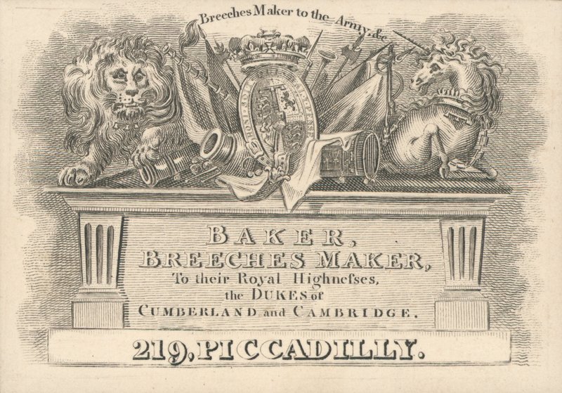 Trade Card, Baker, Breeches Maker by English School