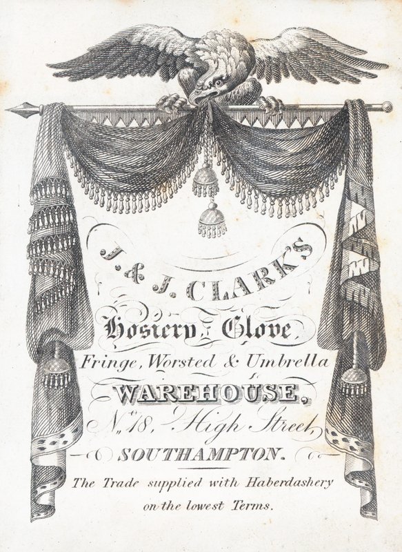 Trade Card, J & J Clarks Hosiery and Gloves Warehouse by English School