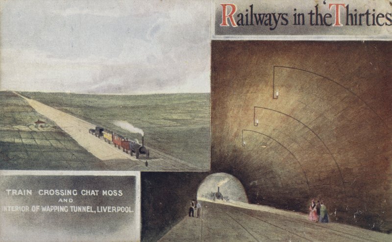 Train crossing Chat Moss and Interior of Wapping Tunnel, Liverpool by English School