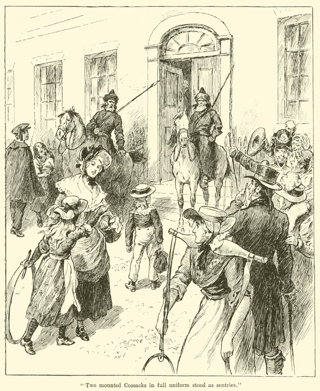 Two Mounted Cossacks in Full Uniform Stood as Sentries by English School