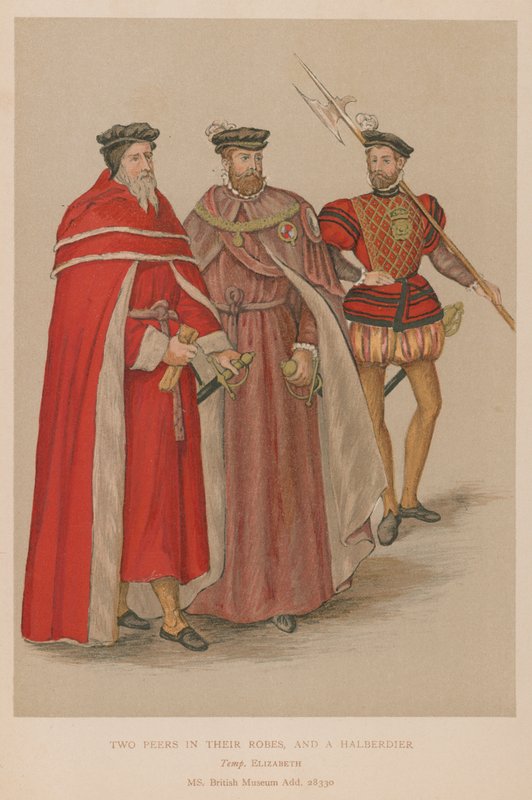 Two Peers in Their Robes and a Halberdier in the Elizabethan Era by English School