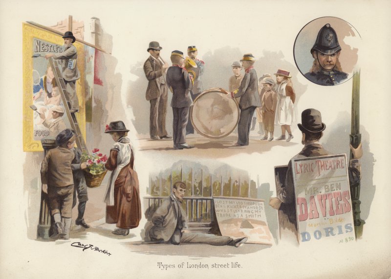 Types of London street life: posterman, flower seller, musicians, beggar, sandwich man, policeman by English School