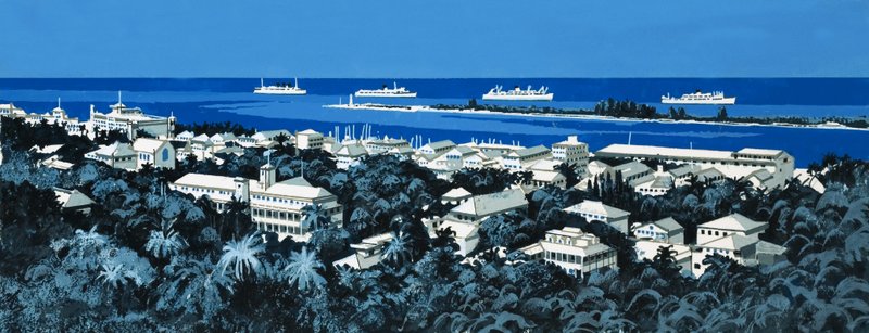 Unidentified coastline with village and boats on horizon by English School
