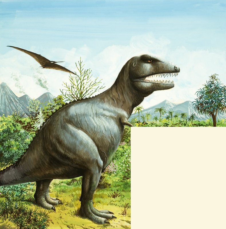 Unidentified dinosaur scene with T Rex and Pterodactyl by English School
