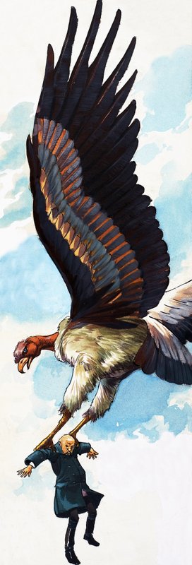Unidentified Folk Tale Illustration of Man Being Carried by Giant Bird by English School