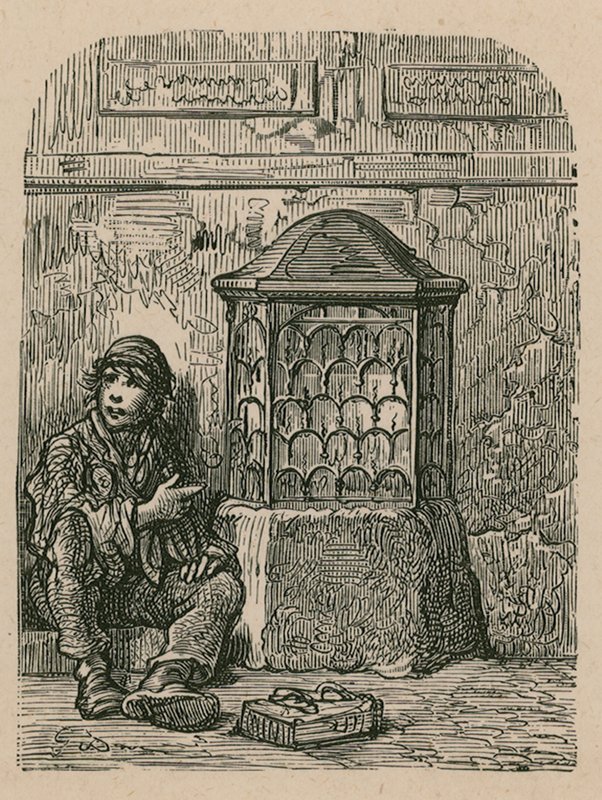 Unidentified monument and beggar by English School