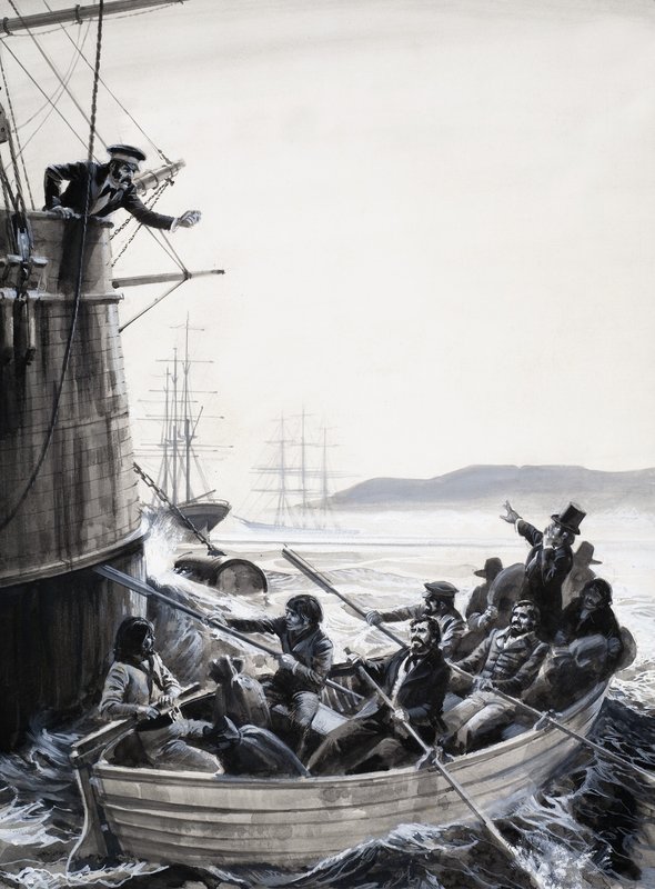Unidentified Sailors (Mutineers) in Rowing Boat with Captain Shaking Fist by English School