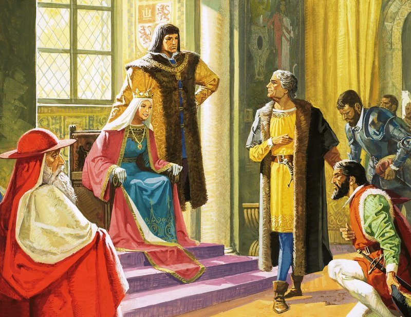 Unidentified scene with man kneeling before the Queen and her courtiers by English School