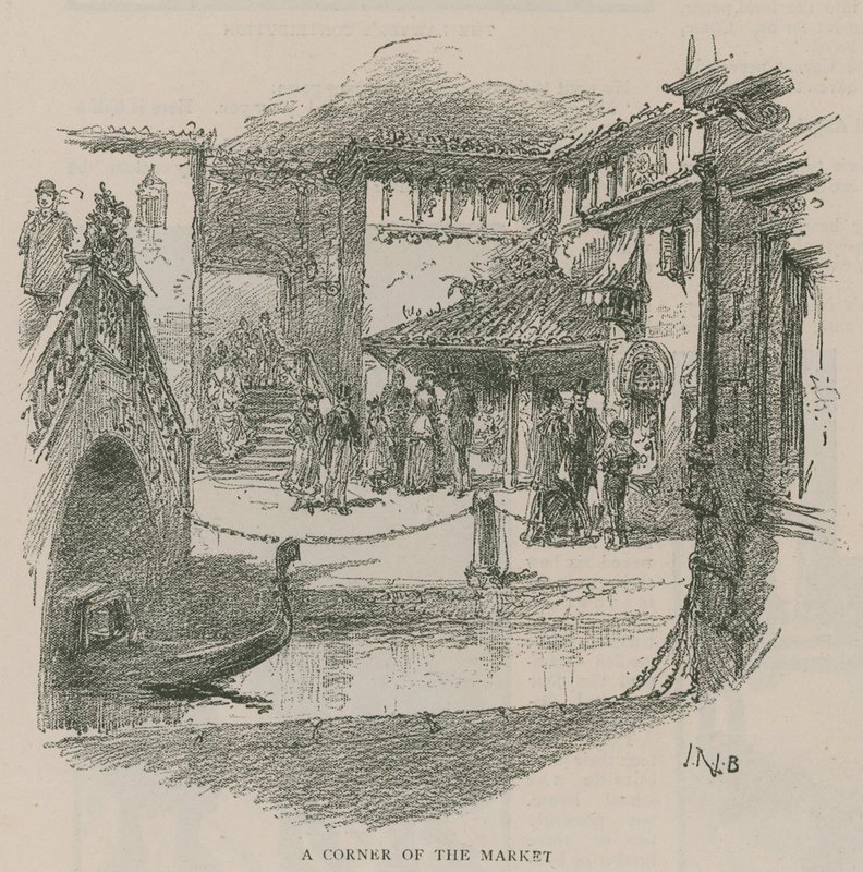 Venice in London: Sketches at Olympia - A corner of the market by English School
