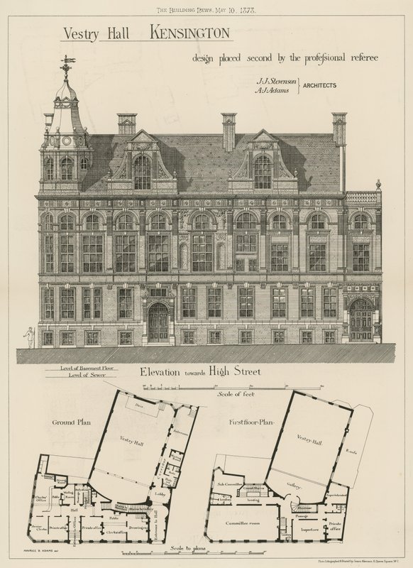 Vestry Hall, Kensington, design placed second by the professional referee by English School