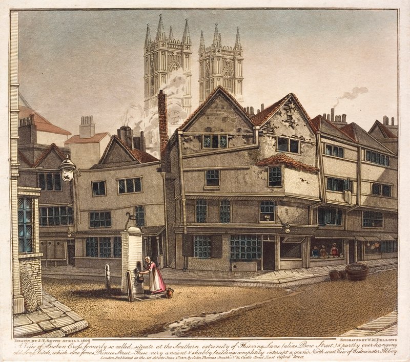View of Broken Cross, at the end of Thieving Lane, Westminster, London by English School