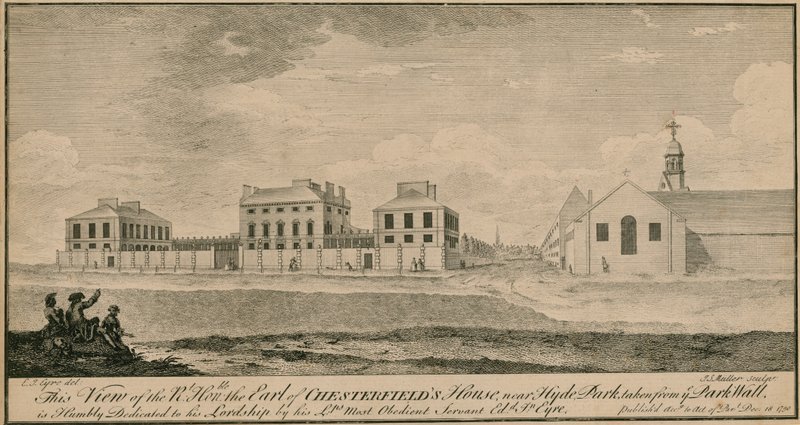 View of the Right Hon the Earl of Chesterfields house near Hyde Park, taken from the Park Wall by English School