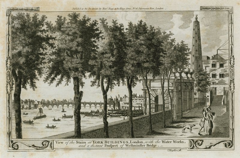 View of the Stairs of York Buildings, London with the Water Works, and the distant prospect of Westminster Bridge by English School