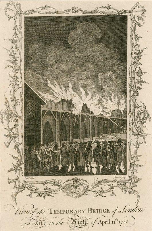 View of the Temporary Bridge of London on Fire in the Night of 11 April 1758 by English School