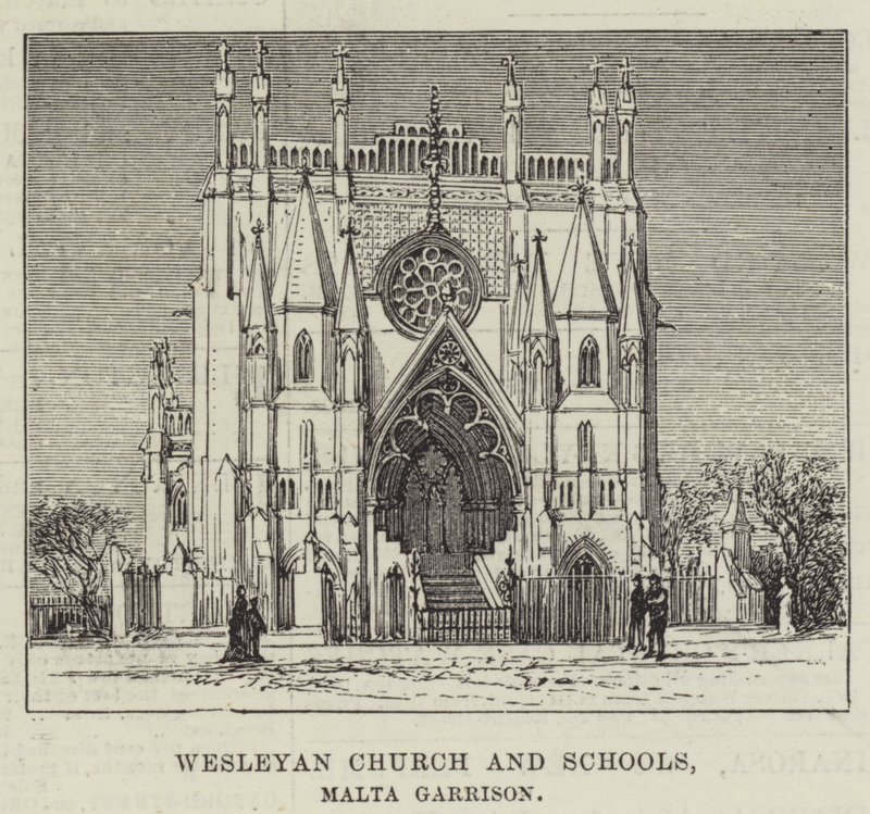 Wesleyan Church and Schools, Malta Garrison (engraving) by English School