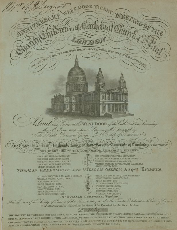 West door ticket for the anniversary meeting of the Charity Children by English School