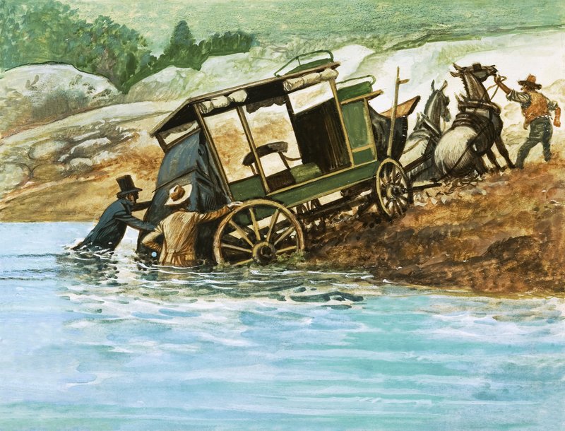 When rivers had to be forded, the passengers got out and helped push the coach by English School