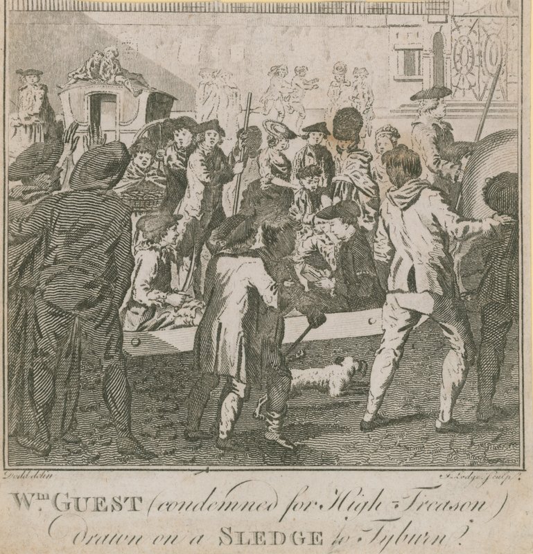 William Guest, condemned for high treason, drawn on a sledge to Tyburn by English School