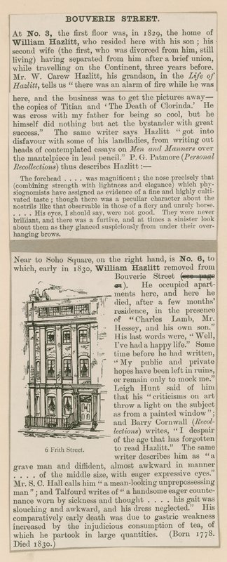 William Hazlitt and 6 Frith Street by English School
