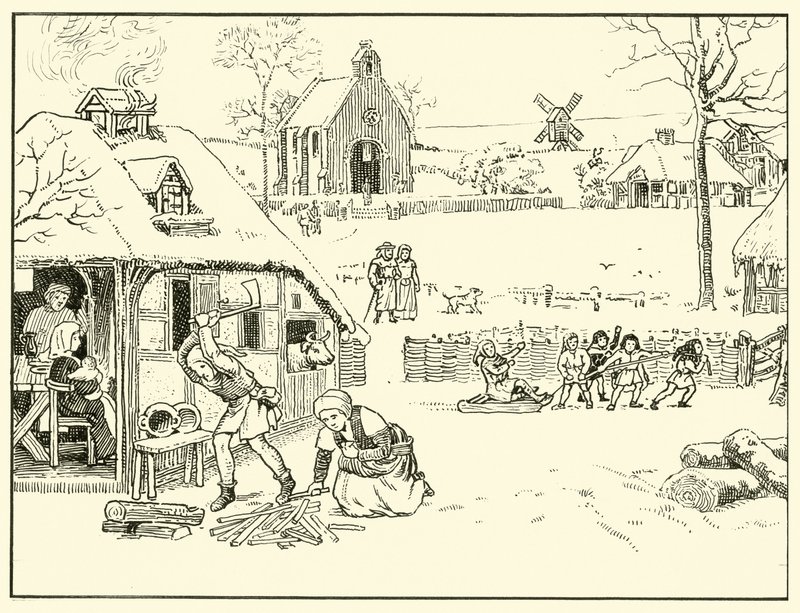 Winter Scene in a Village. 14th Century by English School