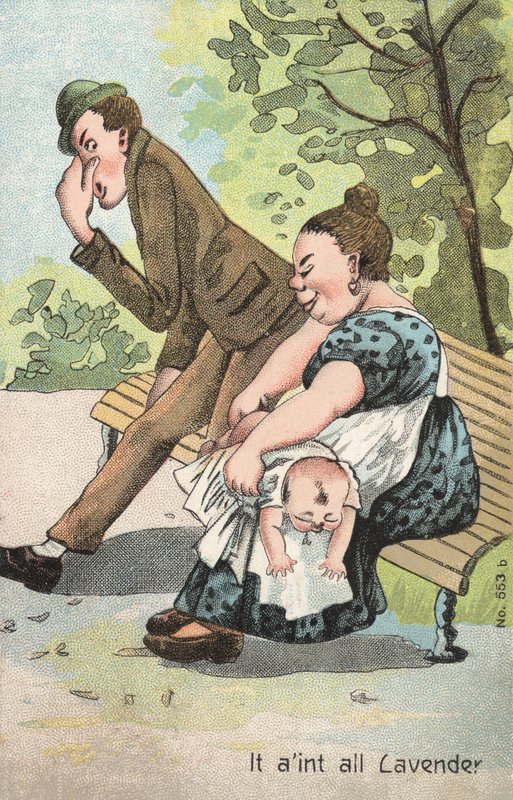 Woman changing a baby in the park by English School