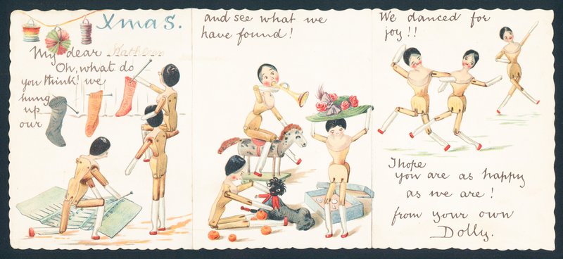 Wooden Dolls Knitting, Playing and Dancing by English School