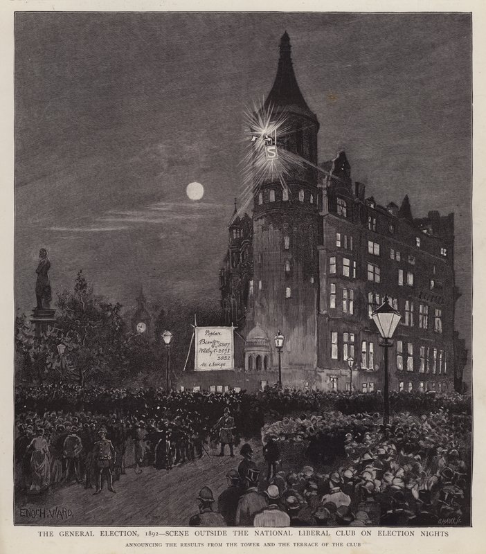 Announcement of the results of the 1892 General Election from the Liberal Club, Westminster, London by Enoch Ward