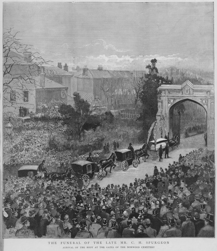 Funeral procession carrying the body of English Particular Baptist preacher Charles Haddon Spurgeon arriving at the gates of Norwood Cemetery, London by Enoch Ward