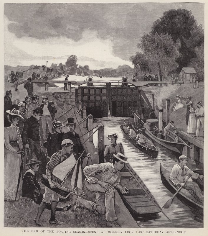The end of the boating season: scene at Molesey Lock on the River Thames, Surrey by Enoch Ward