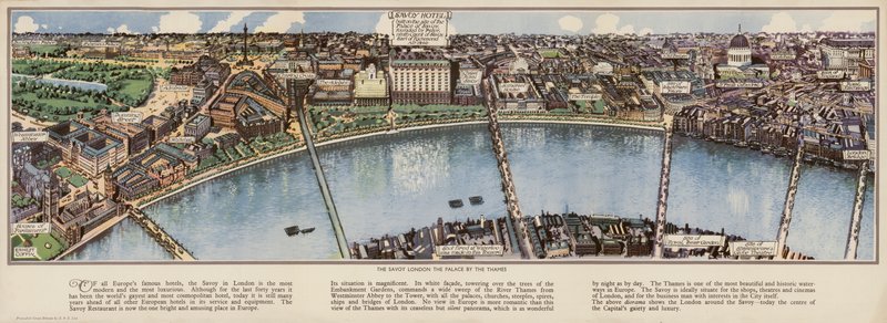 Savoy Hotel London Birdseye Map by Ernest (after) Coffin