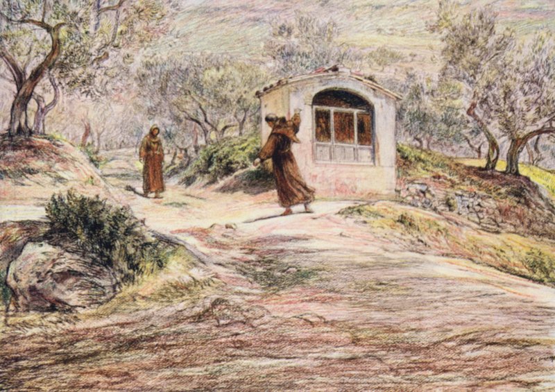 St Francis makes Friar Masseo turn round many times to find the way he should go by Eugene (after) Burnand