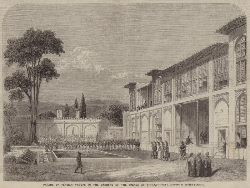 Parade of Persian Troops in the Gardens of the Palace at Shiraz by Eugene Flandin