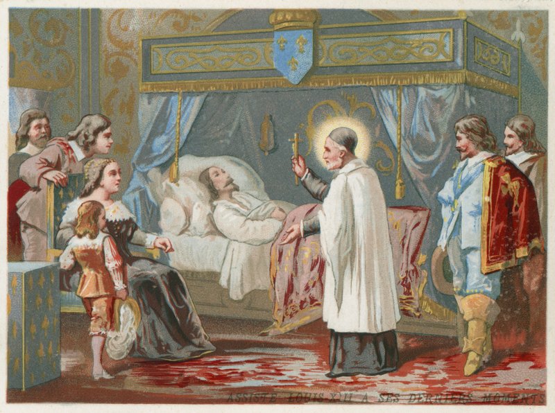 St Vincent de Paul assisting King Louis XIII of France in his final moments, 1643 by European School