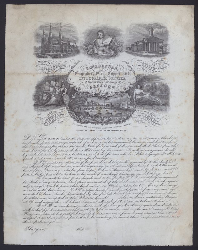 Advertisement for engraver and lithographic printer, Daniel F Duncan of Glasgow by European School