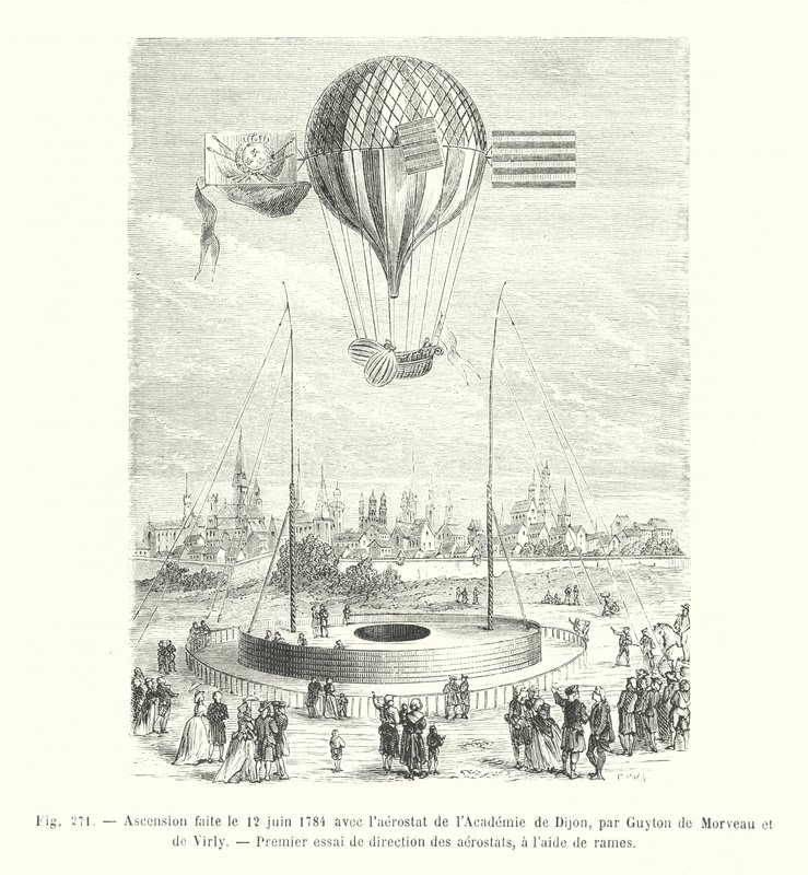 Ascent on June 12, 1784 with the Aerostat of the Academy of Dijon, by Guyton de Morveau and de Virly, First Attempt to Steer Aerostats Using Oars (engraving) by European School